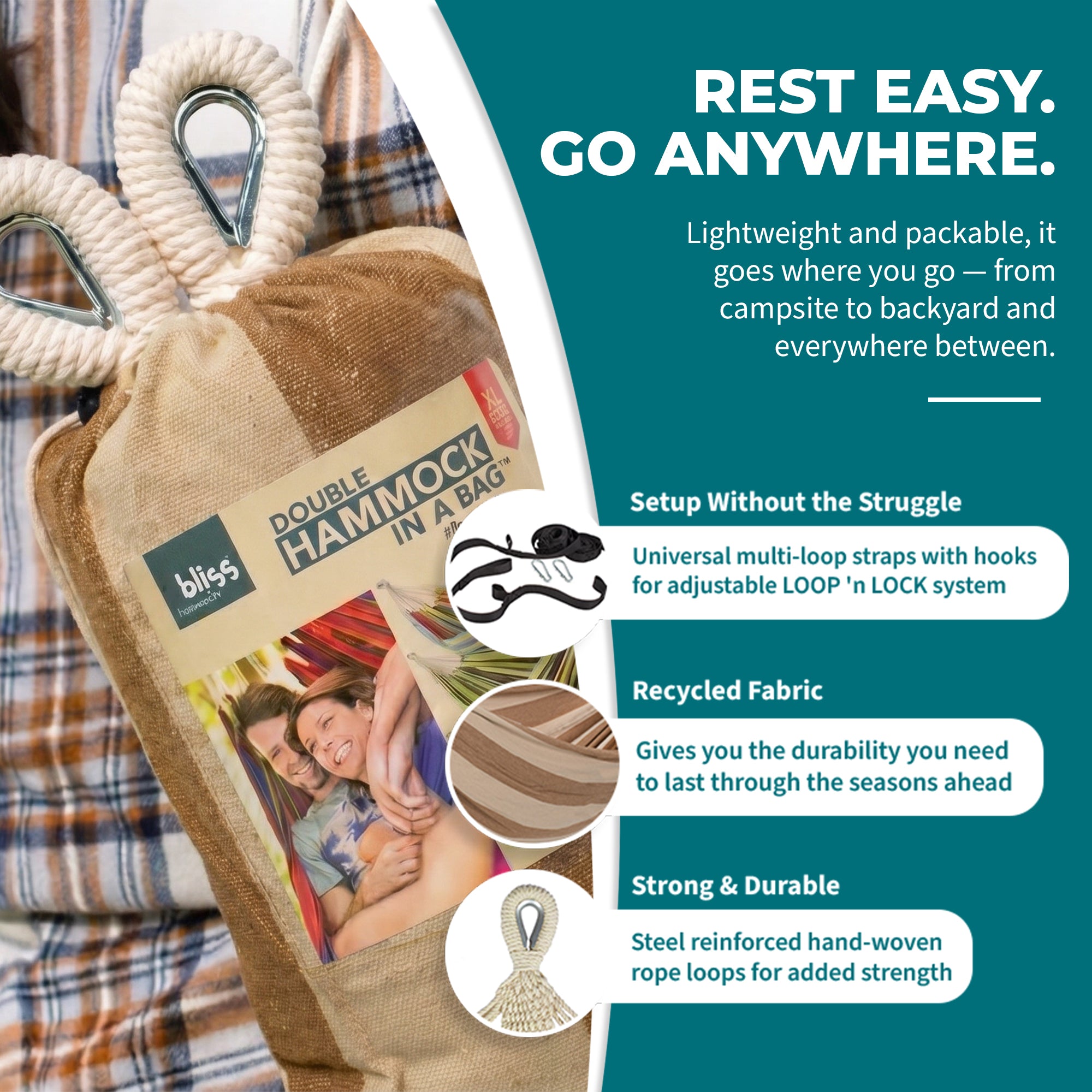 Bliss Hammocks Double Hammock with Rope Loops & Tree Straps, 265 lb, Cappuccino - VMInnovations