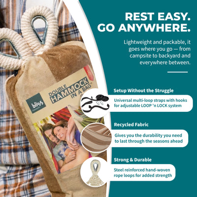 Bliss Hammocks Double Hammock with Rope Loops & Tree Straps, 265 lb, Cappuccino - VMInnovations