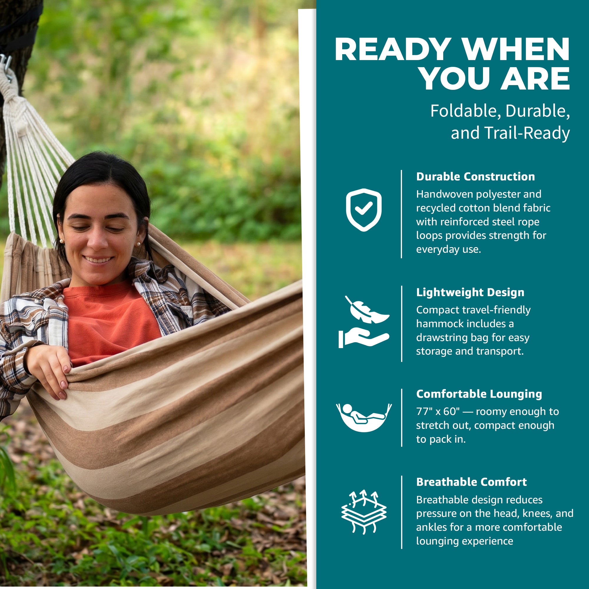 Bliss Hammocks Double Hammock with Rope Loops & Tree Straps, 265 lb, Cappuccino - VMInnovations