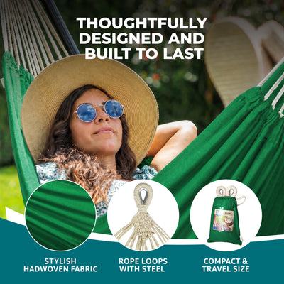 Bliss Hammocks Double Hammock with Rope Loops and Tree Straps, 265 lb, Green
