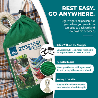 Bliss Hammocks Double Hammock with Rope Loops and Tree Straps, 265 lb, Green