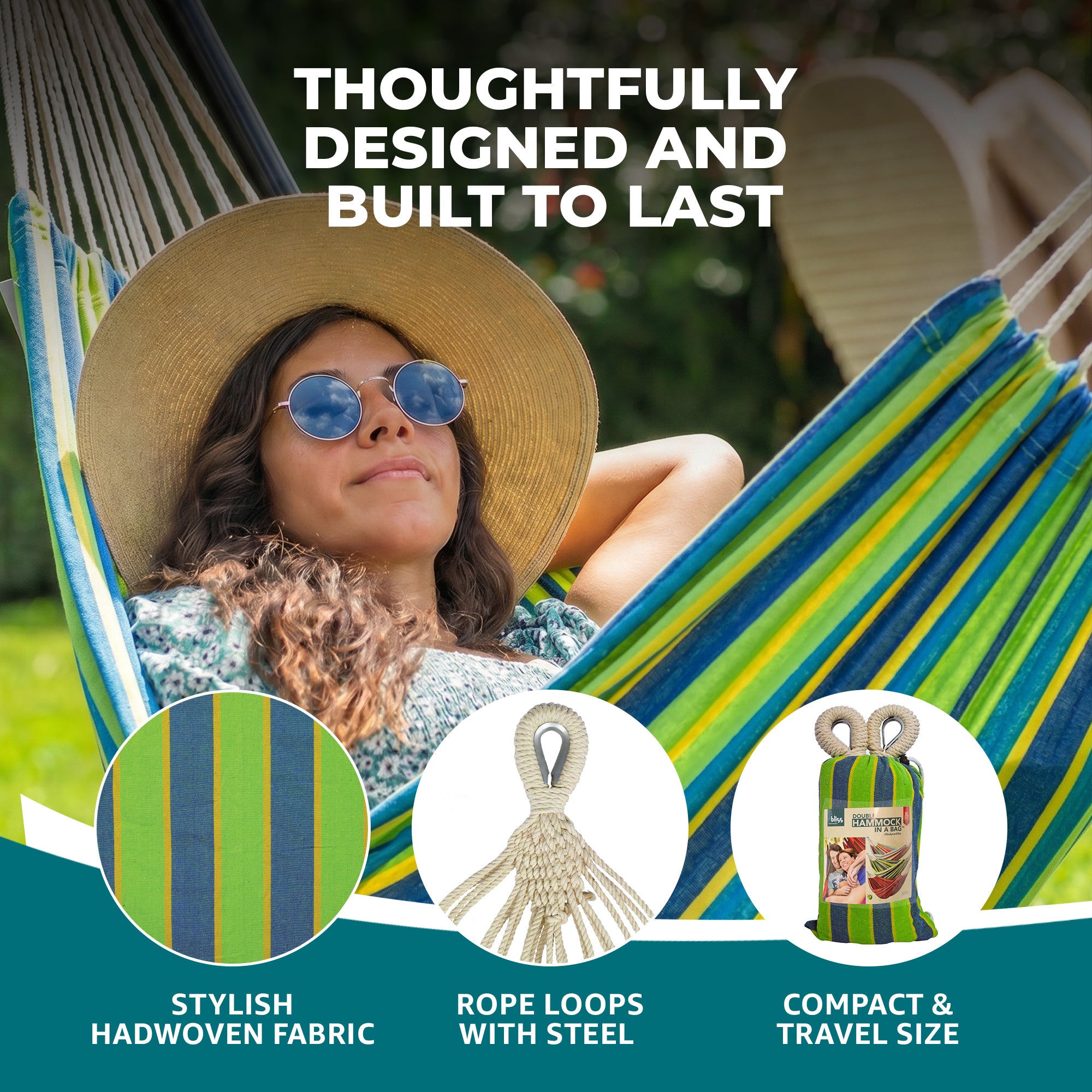 Bliss Hammocks Double Hammock w/ Rope Loops & Tree Straps, 265 lb, Mediterranean