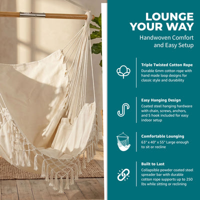 Bliss Hammocks Tahiti Fabric Hammock Chair with Spreader Bar and Hardware, Natural