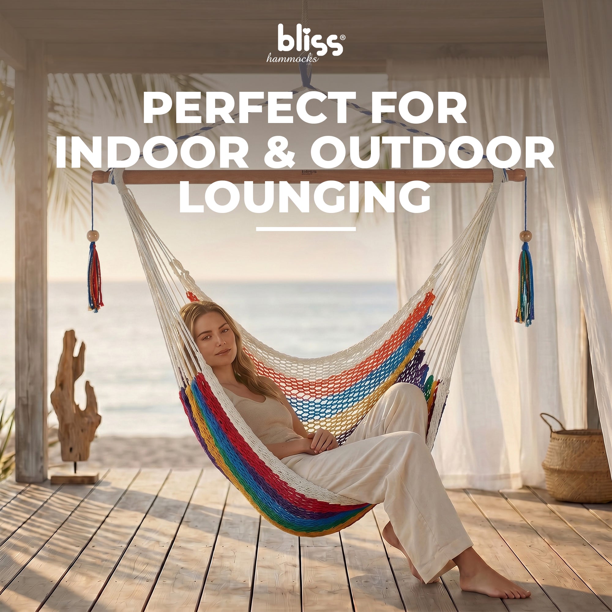Bliss Hammocks Tahiti Rope Hammock Chair with Spreader Bar and Hardware, Multi - VMInnovations