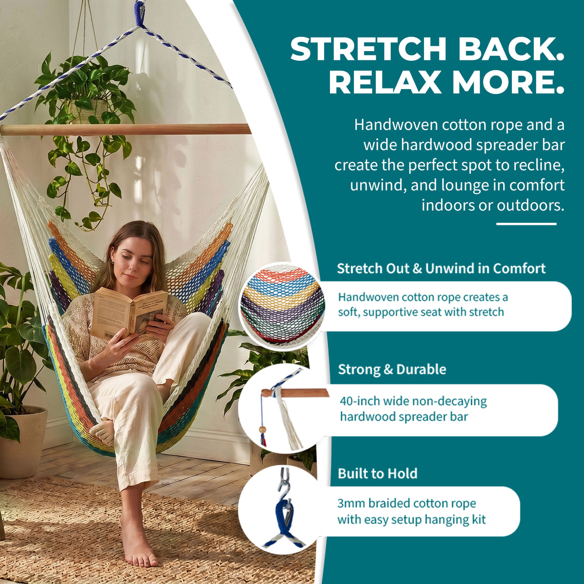 Bliss Hammocks Tahiti Rope Hammock Chair W Spreader Bar & Hardware, (Open Box)