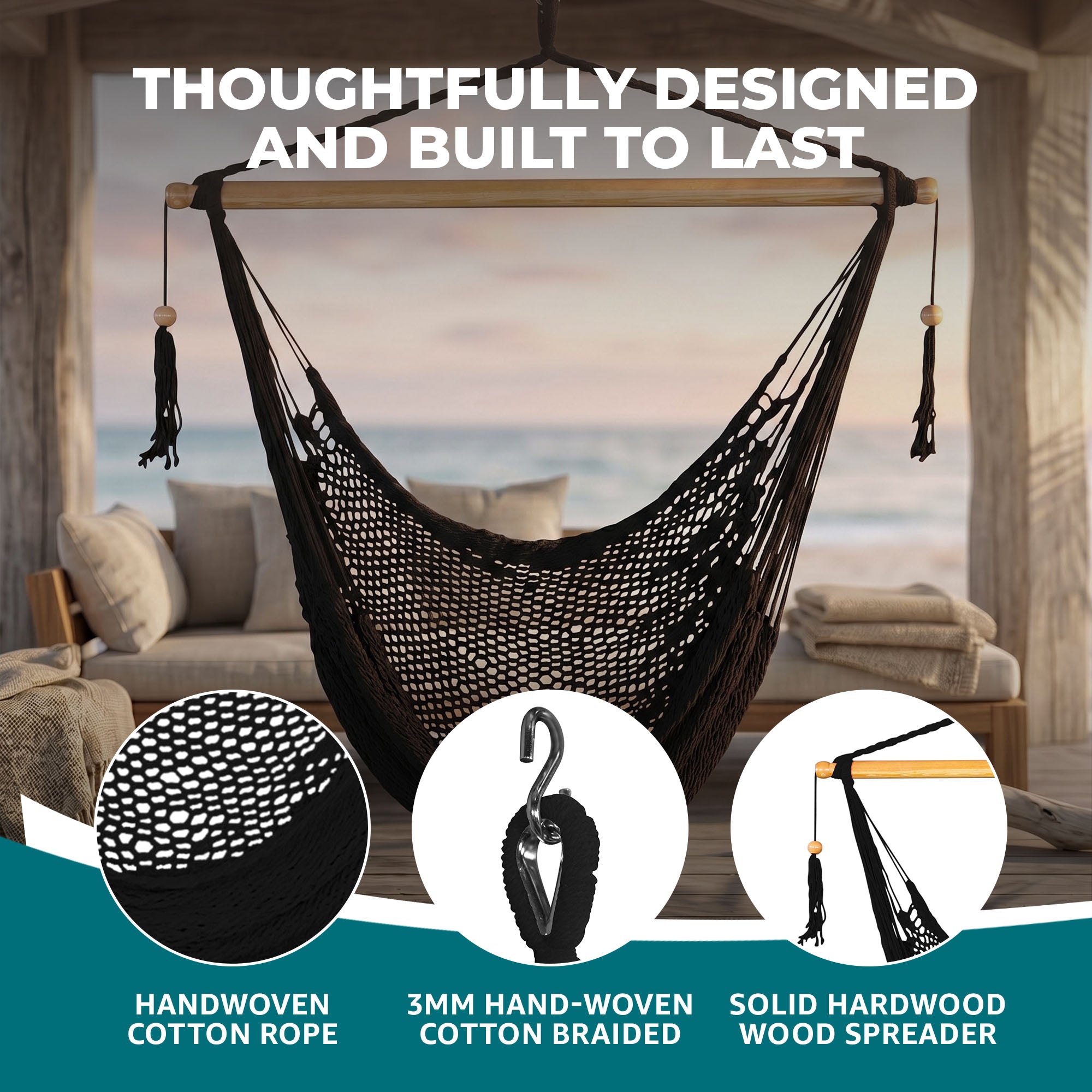 Bliss Hammocks Tahiti Rope Hammock Chair w/Spreader Bar and Hardware, (Open Box) - VMInnovations