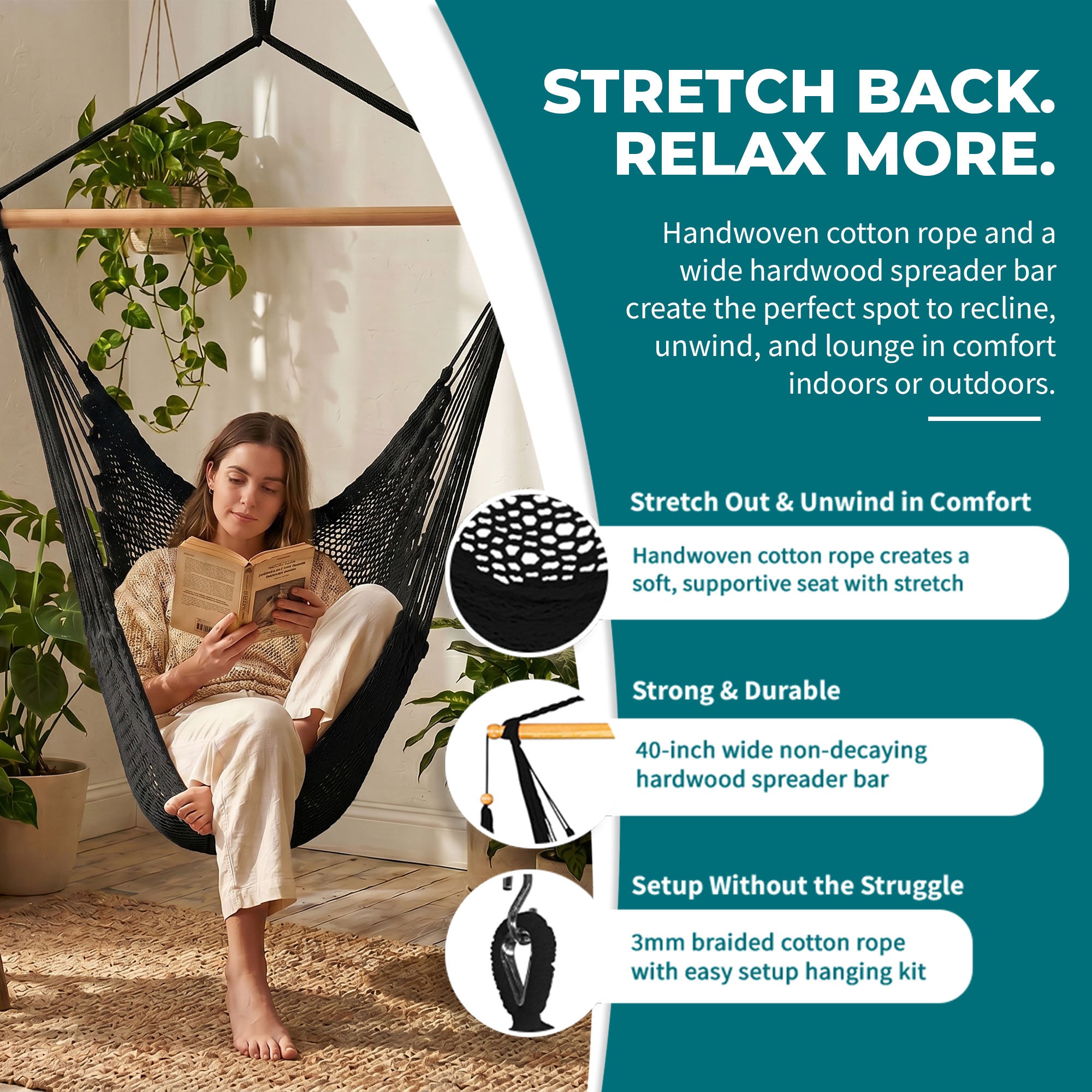 Bliss Hammocks Tahiti Rope Hammock Chair w/Spreader Bar and Hardware, (Open Box) - VMInnovations