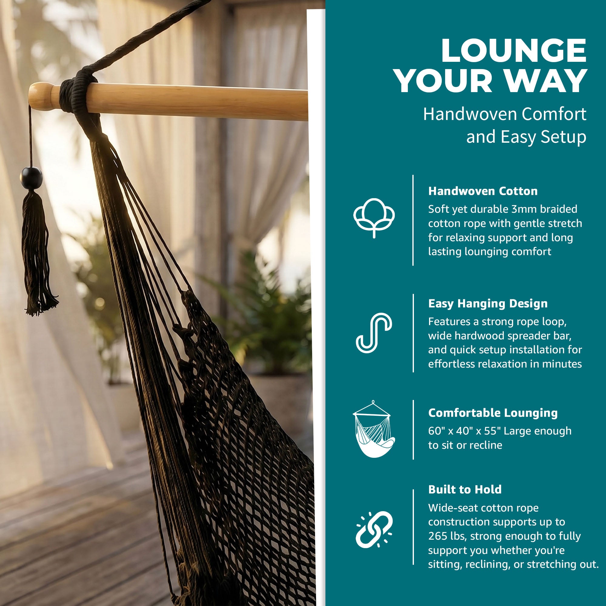 Bliss Hammocks Tahiti Rope Hammock Chair w/Spreader Bar and Hardware, (Open Box) - VMInnovations