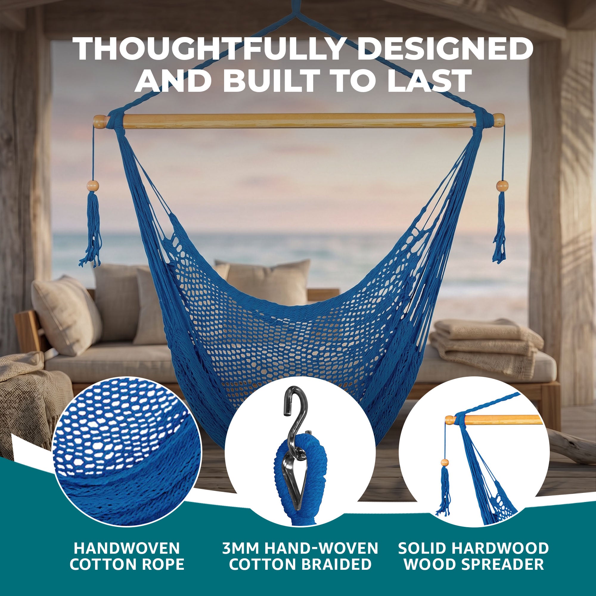 Bliss Hammocks Tahiti Rope Hammock Chair with Spreader Bar and Hardware, Blue - VMInnovations