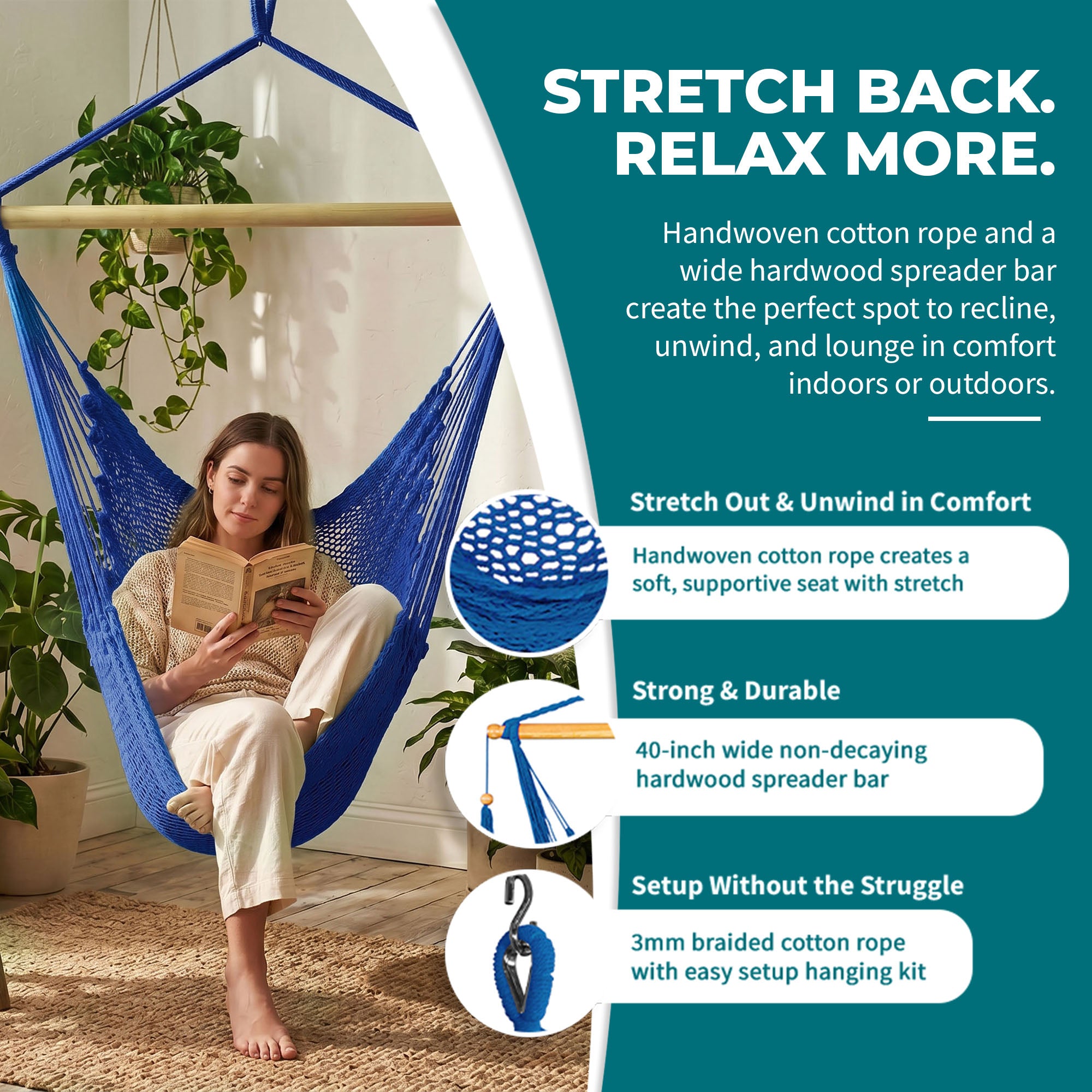 Bliss Hammocks Tahiti Rope Hammock Chair with Spreader Bar and Hardware, Blue - VMInnovations