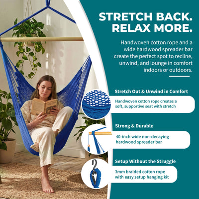Bliss Hammocks Tahiti Rope Hammock Chair with Spreader Bar and Hardware, Blue - VMInnovations