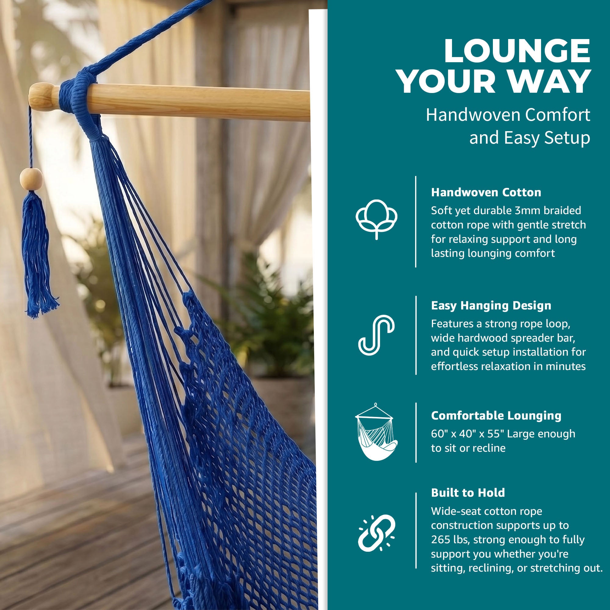 Bliss Hammocks Tahiti Rope Hammock Chair with Spreader Bar and Hardware, Blue - VMInnovations