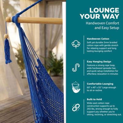 Bliss Hammocks Tahiti Rope Hammock Chair with Spreader Bar and Hardware, Blue - VMInnovations