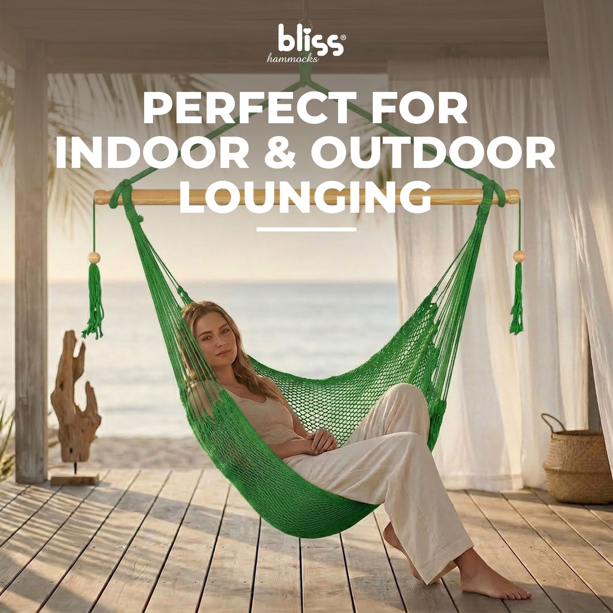 Bliss Hammocks Tahiti Rope Hammock Chair with Spreader Bar and Hardware, Green (Open Box)