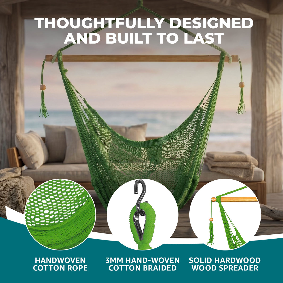 Bliss Hammocks Tahiti Rope Hammock Chair with Spreader Bar and Hardware, Green (Open Box)