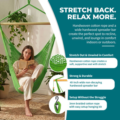 Bliss Hammocks Tahiti Rope Hammock Chair with Spreader Bar and Hardware, Green - VMInnovations