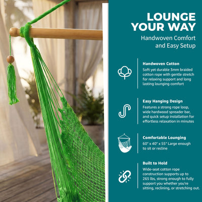 Bliss Hammocks Tahiti Rope Hammock Chair with Spreader Bar and Hardware, Green (Open Box)