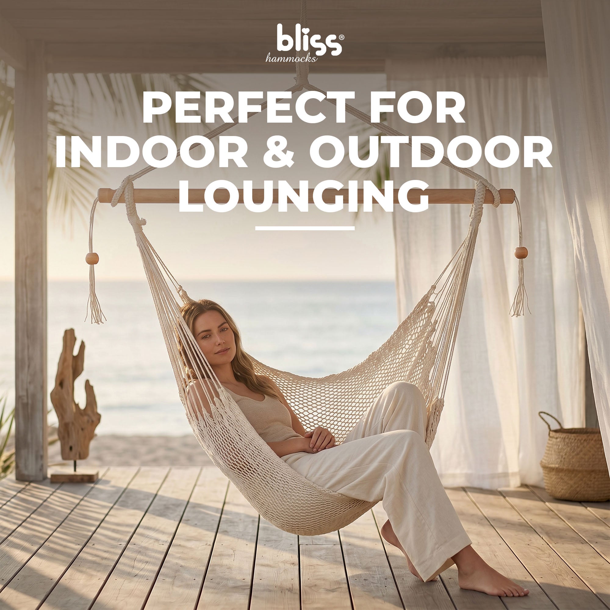 Bliss Hammocks Tahiti Rope Hammock Chair with Spreader Bar and Hardware, Natural - VMInnovations