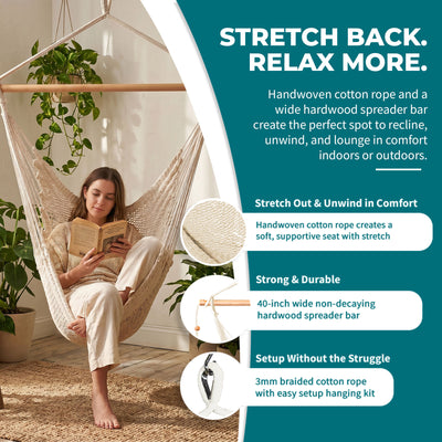 Bliss Hammocks Tahiti Rope Hammock Chair with Spreader Bar and Hardware, Natural - VMInnovations