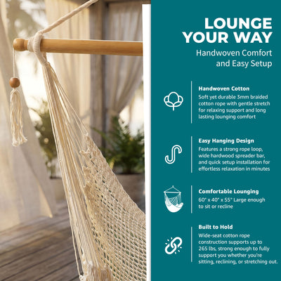 Bliss Hammocks Tahiti Rope Hammock Chair with Spreader Bar and Hardware, Natural - VMInnovations