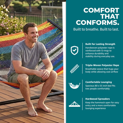 Bliss Hammocks Weekender 2-Person Polyester Rope Hammock w/ Spreader Bar, 80x55 - VMInnovations