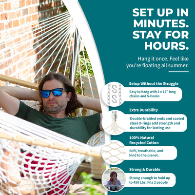 Bliss Hammocks Classic 2-Person Cotton Rope Hammock w/Spreader, 80x60,(Open Box) - VMInnovations