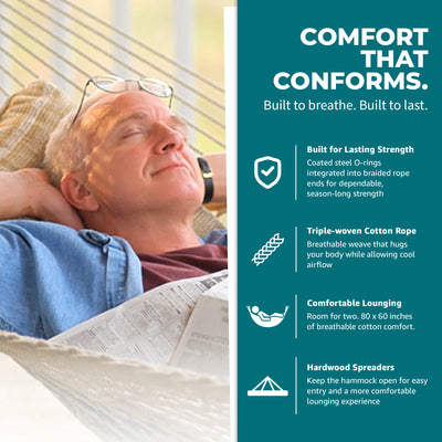 Bliss Hammocks Classic 2-Person Cotton Rope Hammock w/Spreader, 80x60,(Open Box) - VMInnovations