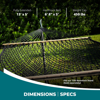 Bliss Hammocks Classic 2-Person Cotton Rope Hammock w/Spreader Bar, 80x60, Black