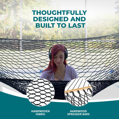 Bliss Hammocks Classic 2-Person Cotton Rope Hammock w/Spreader Bar, 80x60, Black