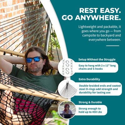 Bliss Hammocks Classic 2-Person Cotton Rope Hammock w/Spreader Bar, 80x60, Black