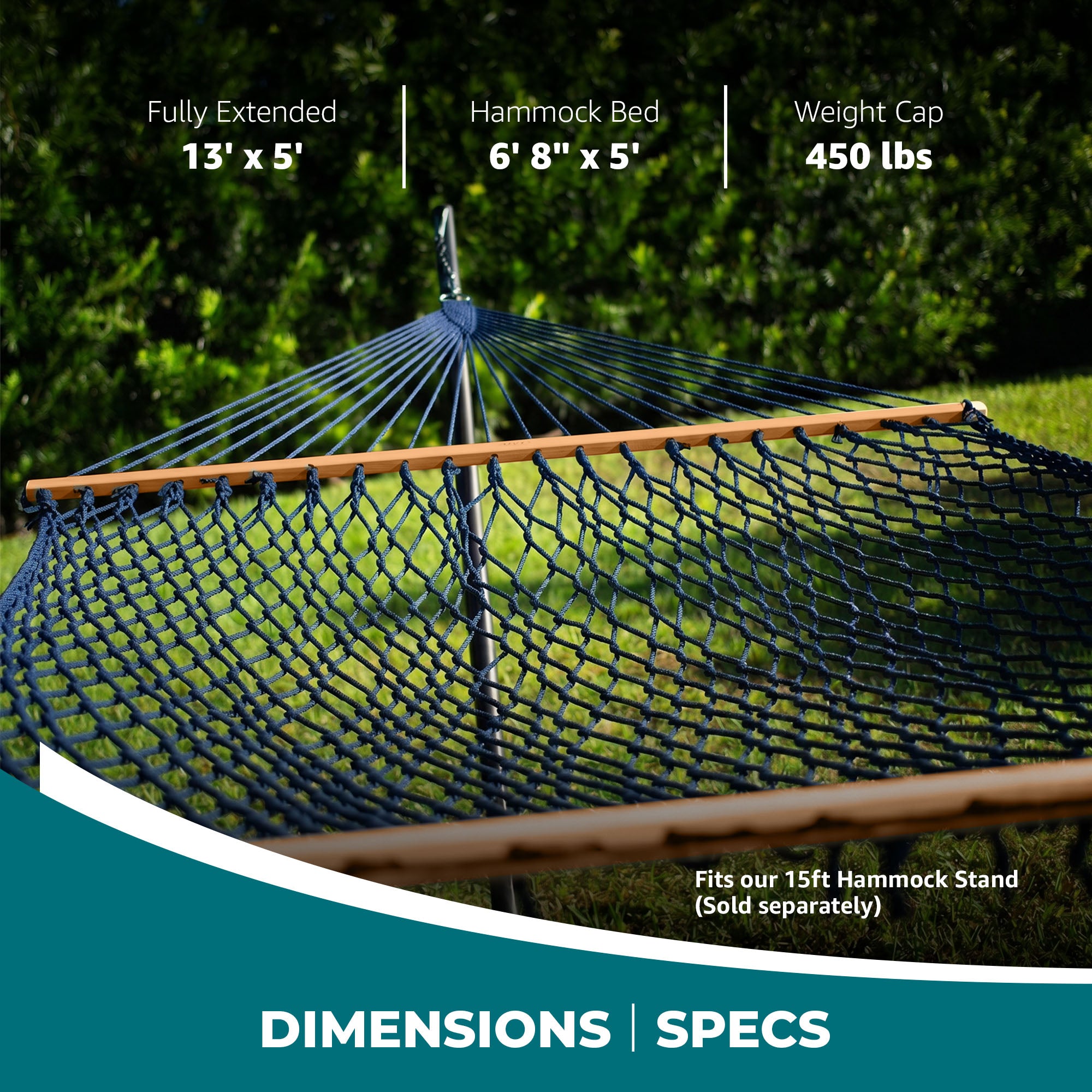 Bliss Hammocks Classic 2-Person Cotton Rope Hammock w/Spreader Bar, 80x60, Blue - VMInnovations