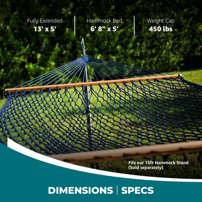Bliss Hammocks Classic 2-Person Cotton Rope Hammock w/Spreader Bar, 80x60, Blue - VMInnovations