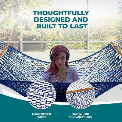 Bliss Hammocks Classic 2-Person Cotton Rope Hammock w/Spreader Bar, 80x60, Blue - VMInnovations
