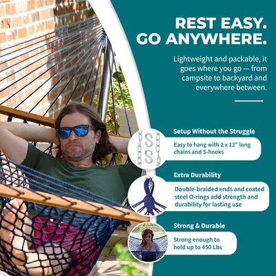 Bliss Hammocks Classic 2-Person Cotton Rope Hammock w/Spreader Bar, 80x60, Blue - VMInnovations