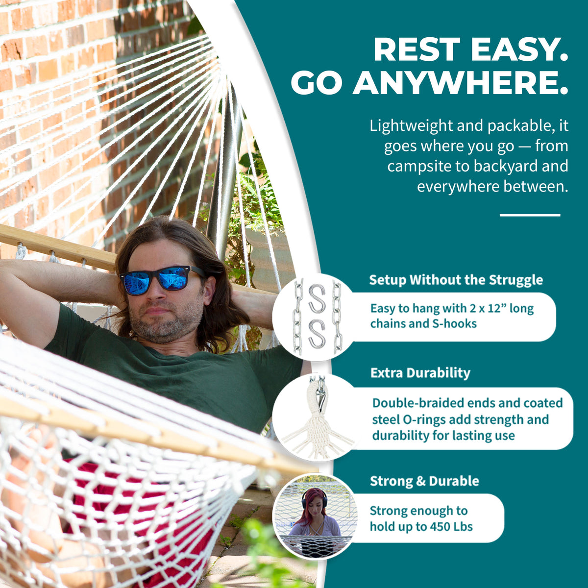 Bliss Hammocks Classic 2-Person Polyester Rope Hammock w/Spreader Bar, 80x60