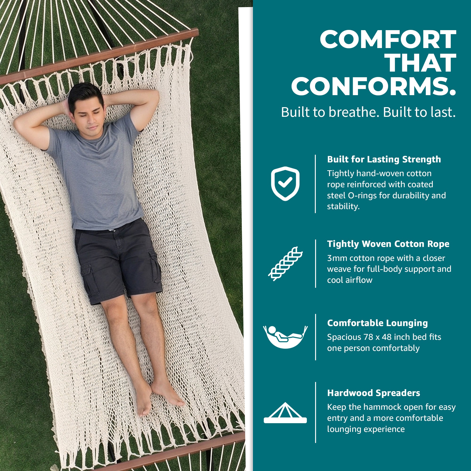 Bliss Hammocks 1-Person Cotton Rope Hammock w/Spreader Bar, 78x48 (Open Box) - VMInnovations