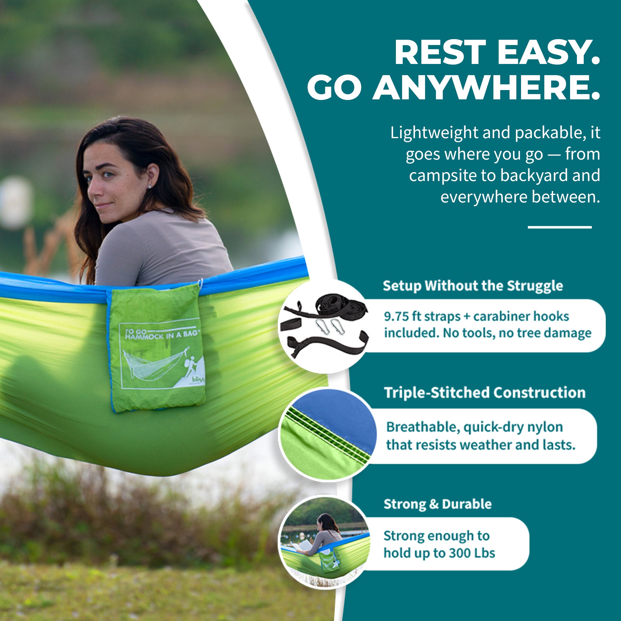 Bliss Hammocks Hammock in a Bag w/ Carabiner Hooks & Tree Straps, Mermaid - VMInnovations