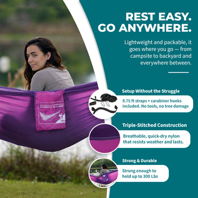Bliss Hammocks Hammock in a Bag with Carabiner Hooks & Tree Straps, Pink Purple - VMInnovations