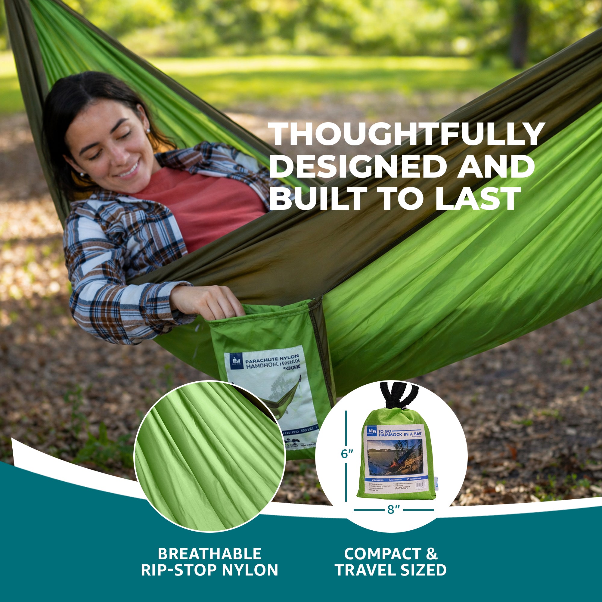 Bliss Hammocks Hammock in a Bag with Carabiner Hooks & Tree Straps, Forest Green - VMInnovations