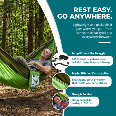Bliss Hammocks Hammock in a Bag with Carabiner Hooks & Tree Straps, Forest Green - VMInnovations