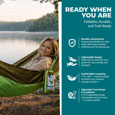 Bliss Hammocks Hammock in a Bag with Carabiner Hooks & Tree Straps, Forest Green - VMInnovations