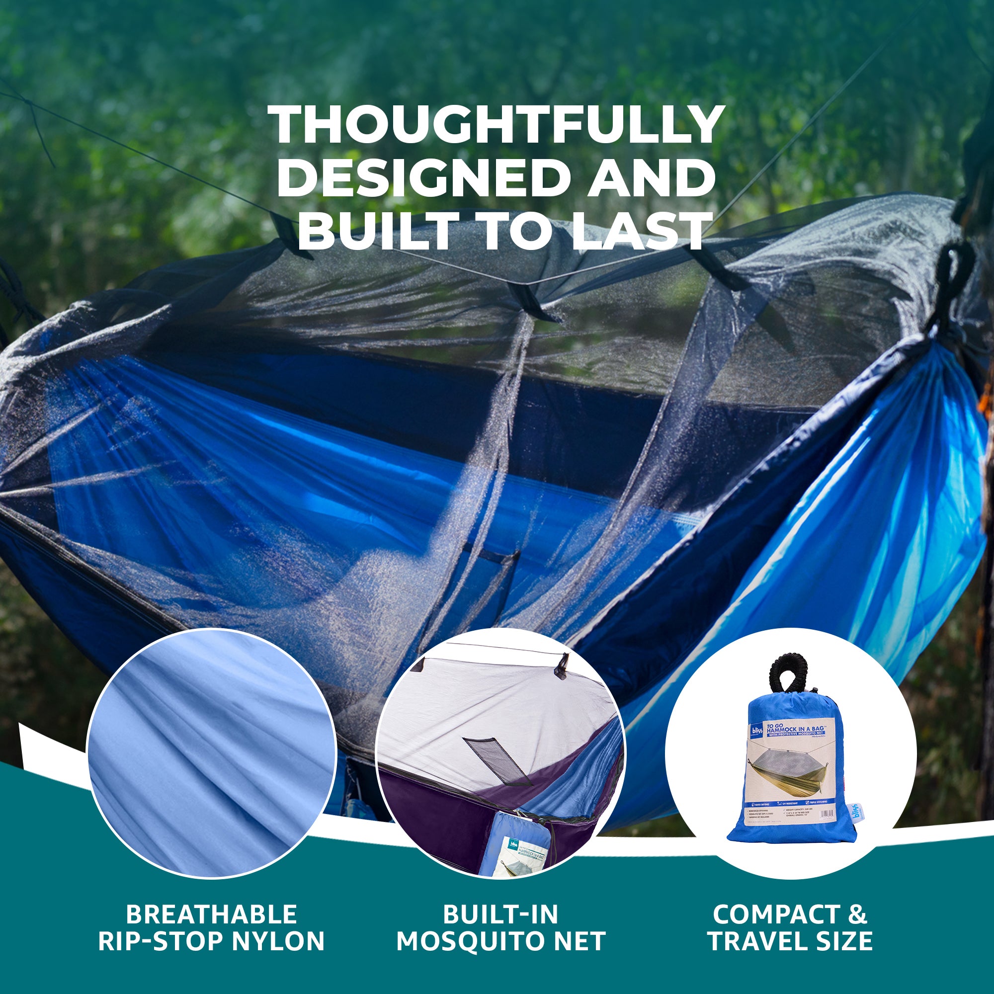 Bliss Hammocks Hammock in a Bag with Mosquito Net and Tree Straps, Royal Blue - VMInnovations
