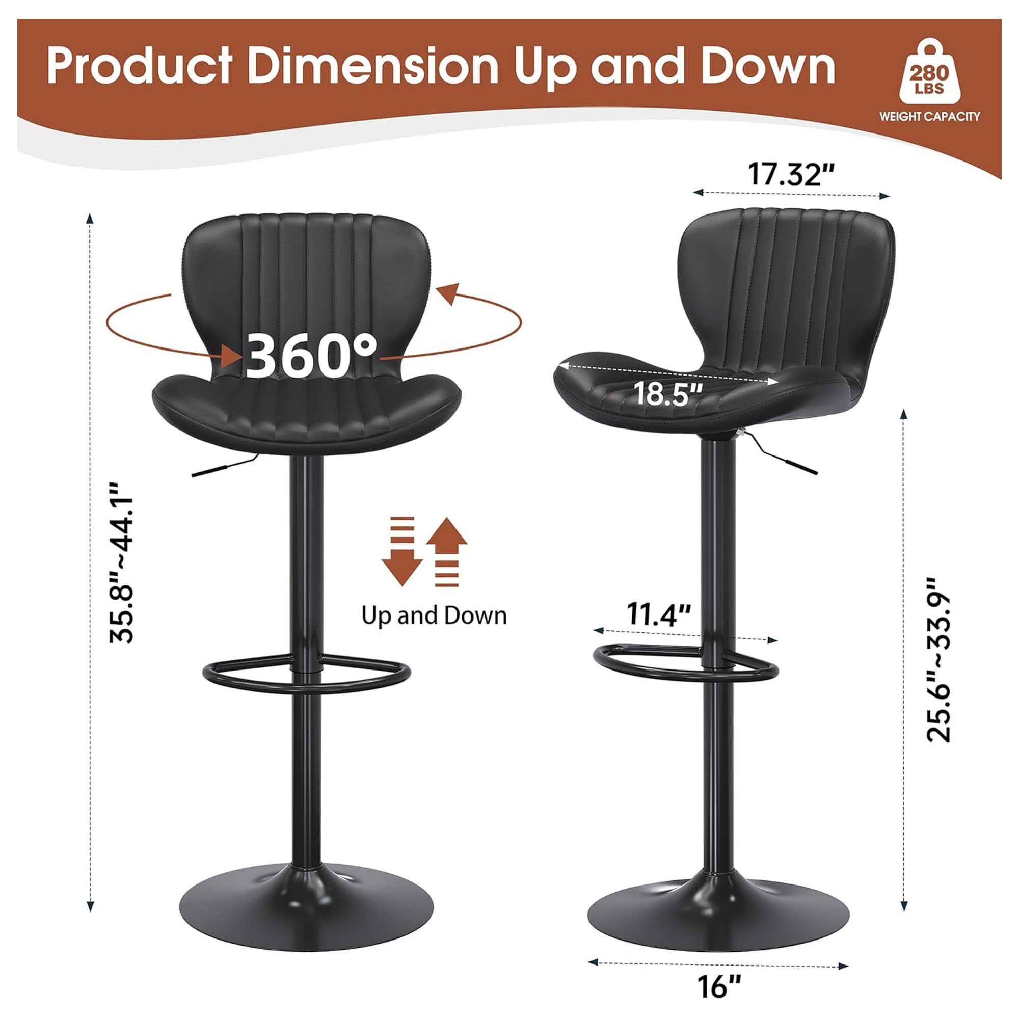 JAMFLY Bar Stools, Leather Adjustable Counter Height Chairs, 2pc, Black(Used) - VMInnovations