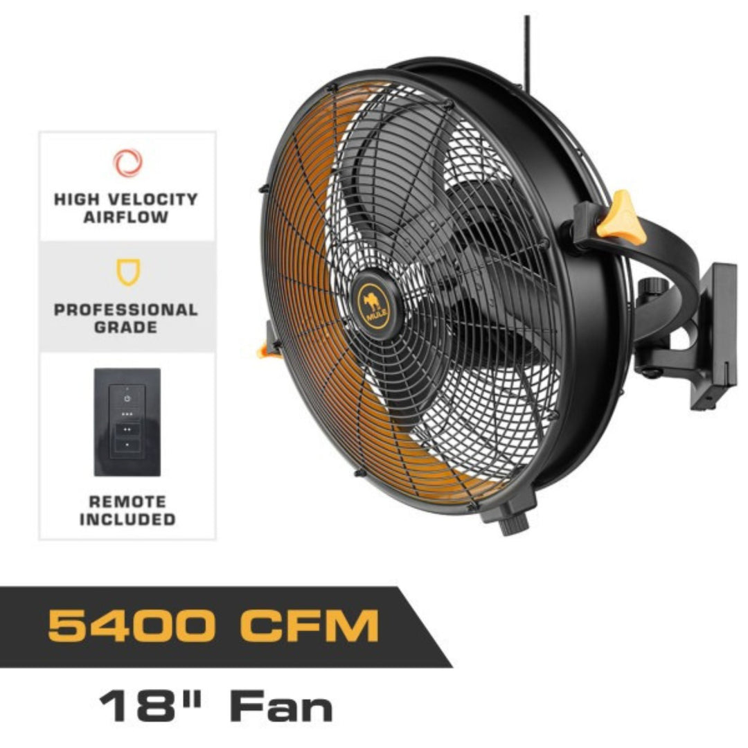 Mule 18" Garage Wall Fan XL with Remote, Wall Mount, 120-degree Swivel, 3 Speeds