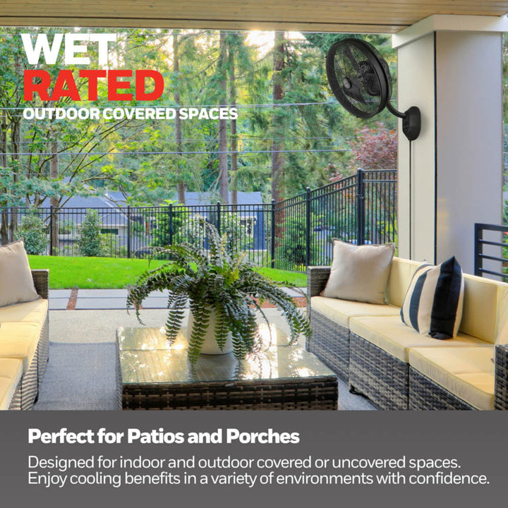 Honeywell Wall Fan, Oscillating Outdoor Wet-Rated Unit with Remote, Matte Black