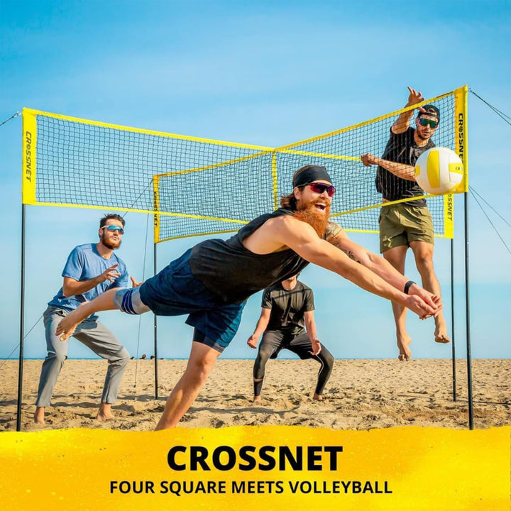 Vivere CROSSNET 4 Square Outdoor Volleyball Game Net Set with Ball, Yellow/White