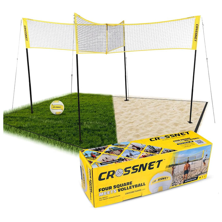 Vivere CROSSNET 4 Square Outdoor Volleyball Game Net Set with Ball, Yellow/White