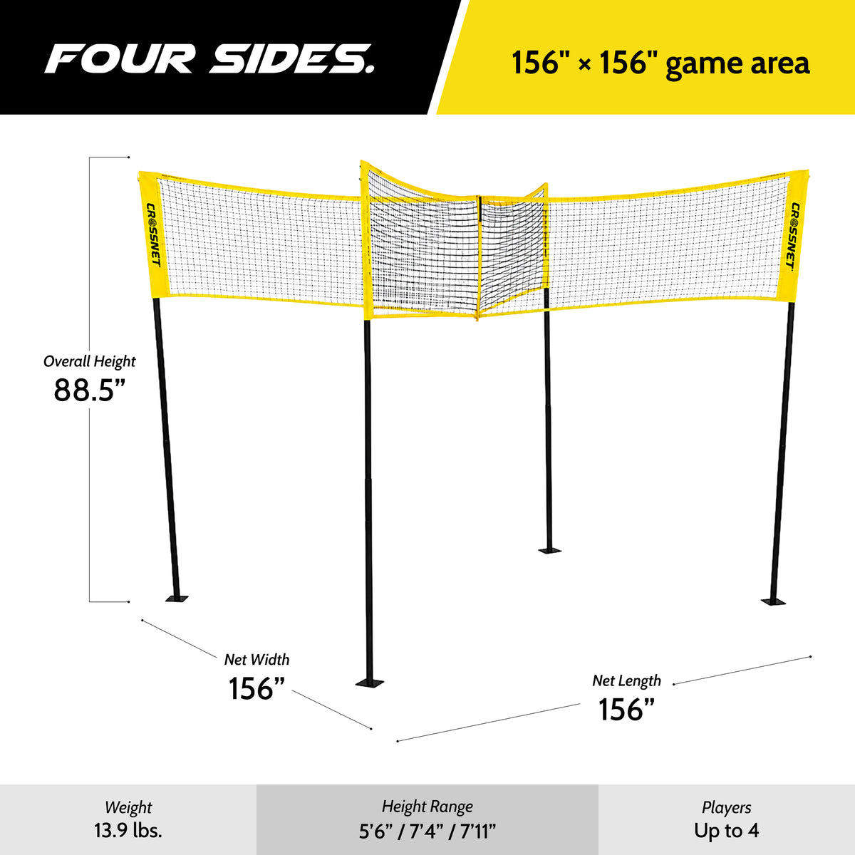 Vivere CROSSNET 4 Square Outdoor Volleyball Game Net Set with Ball, Yellow/White - VMInnovations