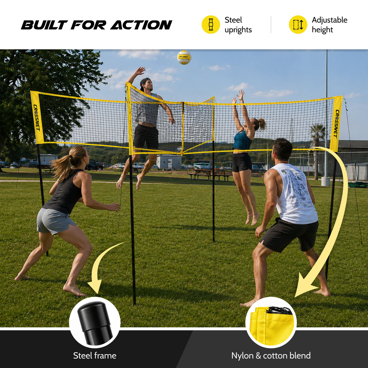 Vivere CROSSNET 4 Square Outdoor Volleyball Game Net Set with Ball, Yellow/White - VMInnovations