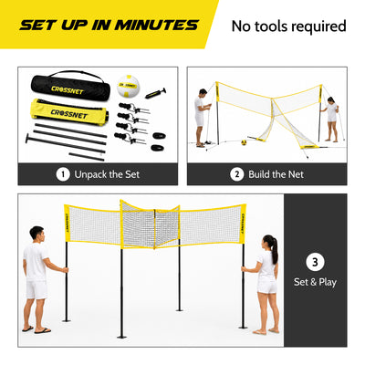Vivere CROSSNET 4 Square Outdoor Volleyball Game Net Set with Ball, Yellow/White - VMInnovations